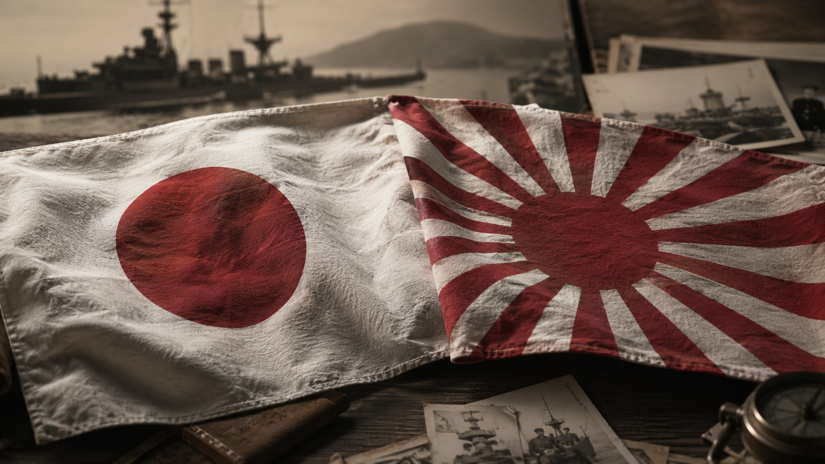 Confronto tra la bandiera nazionale giapponese Hinomaru, con il disco rosso al centro, e la Kyokujitsuki, con i raggi rossi che si irradiano dal sole