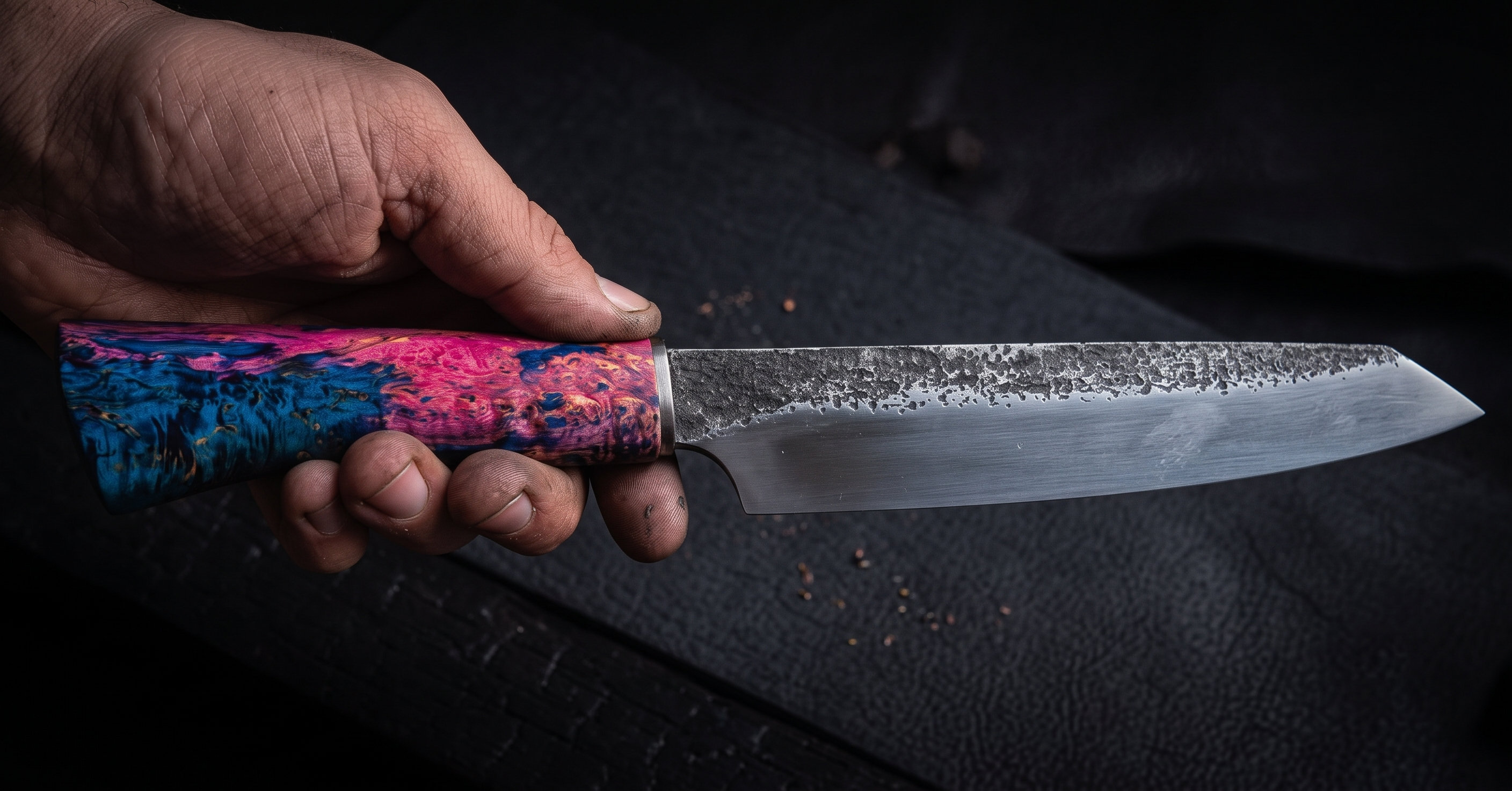 Coltello gyuto giapponese forgiato a mano, lama in acciaio con finitura martellata e manico in legno stabilizzato blu e fucsia