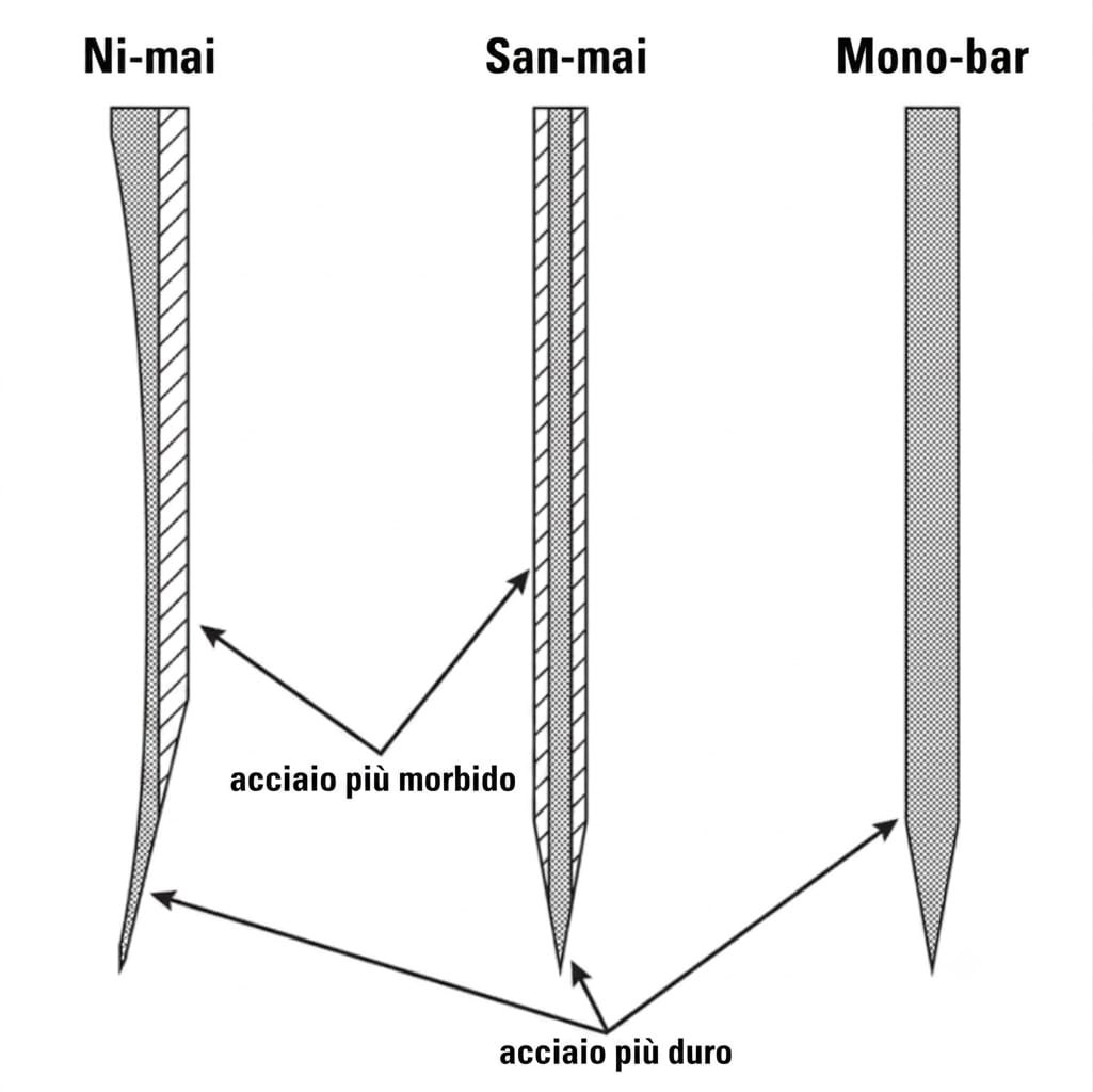 Schema in sezione trasversale delle tecniche di costruzione della lama (ni-mai, san-mai)