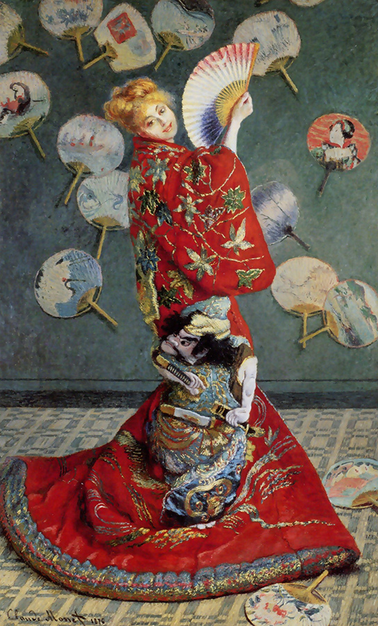 Claude Monet, 'La Japonaise (Camille Monet en costume japonais)', 1876. Camille indossa un sontuoso kimono rosso ricamato e tiene un ventaglio.