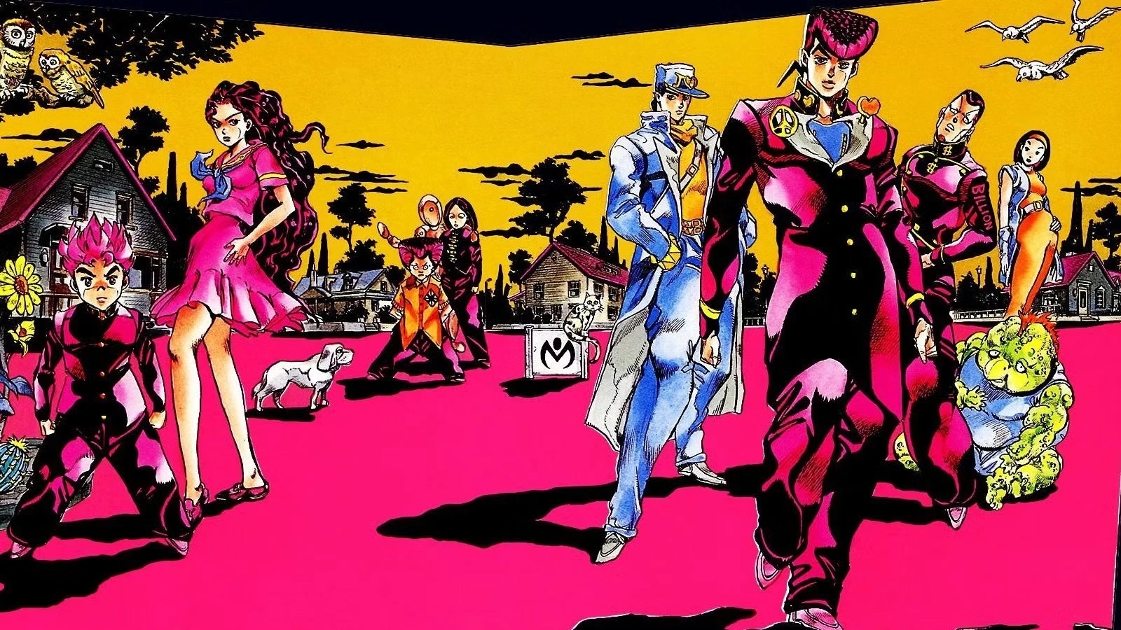 Illustrazione dei personaggi di Diamond is Unbreakable su sfondo giallo e rosa shocking: Josuke, Jotaro, Okuyasu, Rohan, Koichi, Yukako e gli altri abitanti di Morioh