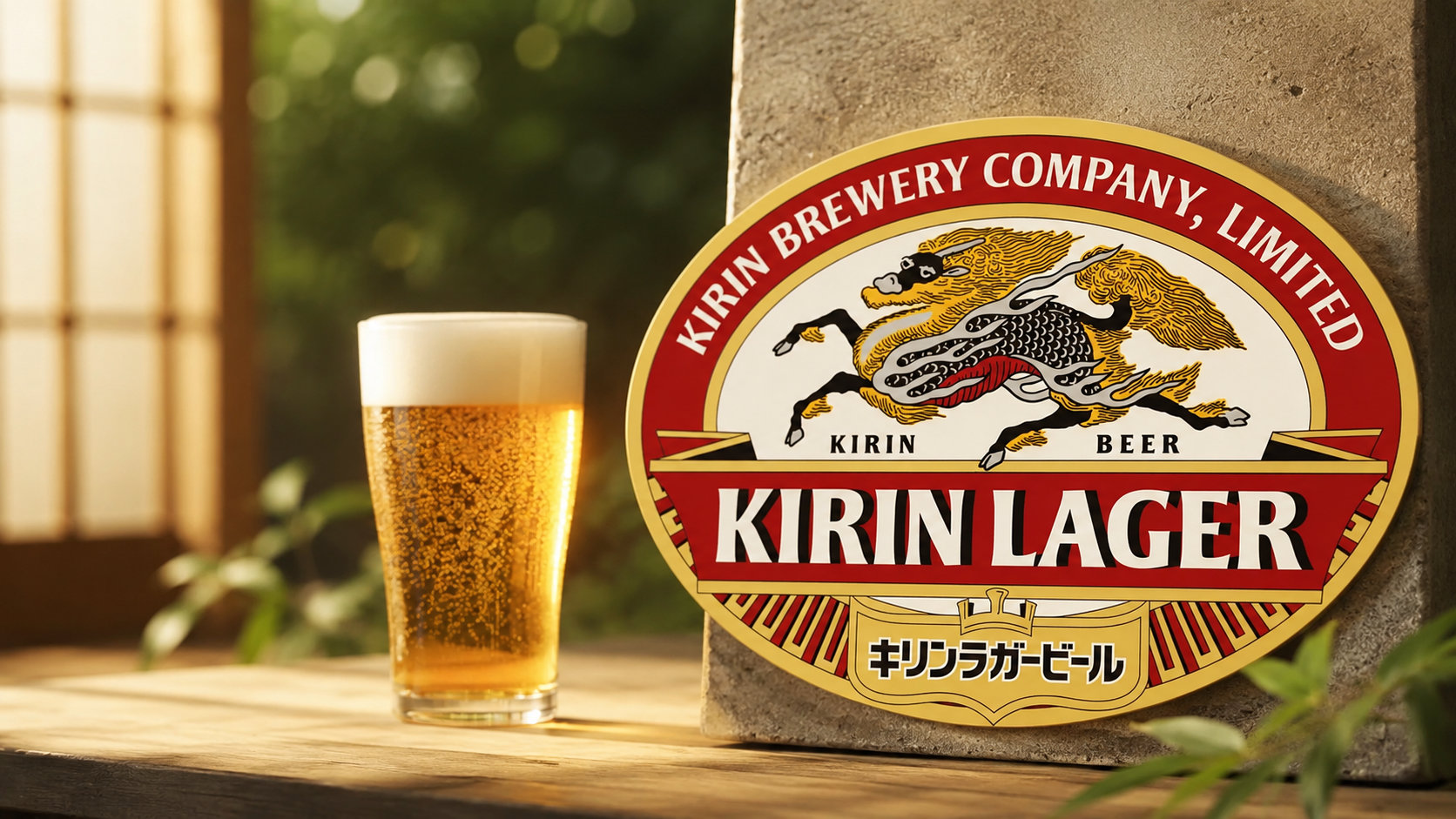 Insegna della Kirin Lager con il logo della creatura leggendaria — corpo di cervo, scaglie di drago e criniera fiammeggiante — accanto a un bicchiere di birra