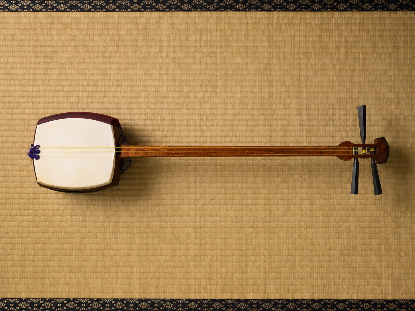 Uno shamisen intero: cassa armonica, manico lungo senza tasti e itomaki laterali.