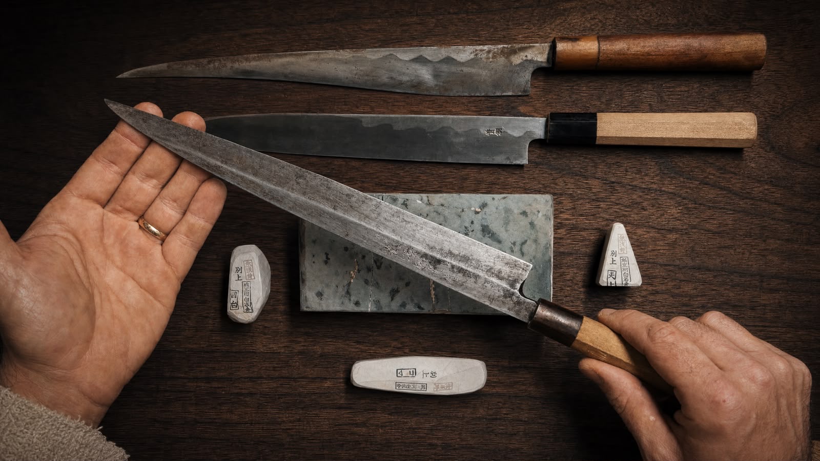 Tre coltelli giapponesi tradizionali forgiati a mano, con pietre naturali nagura, su un tavolo di legno scuro