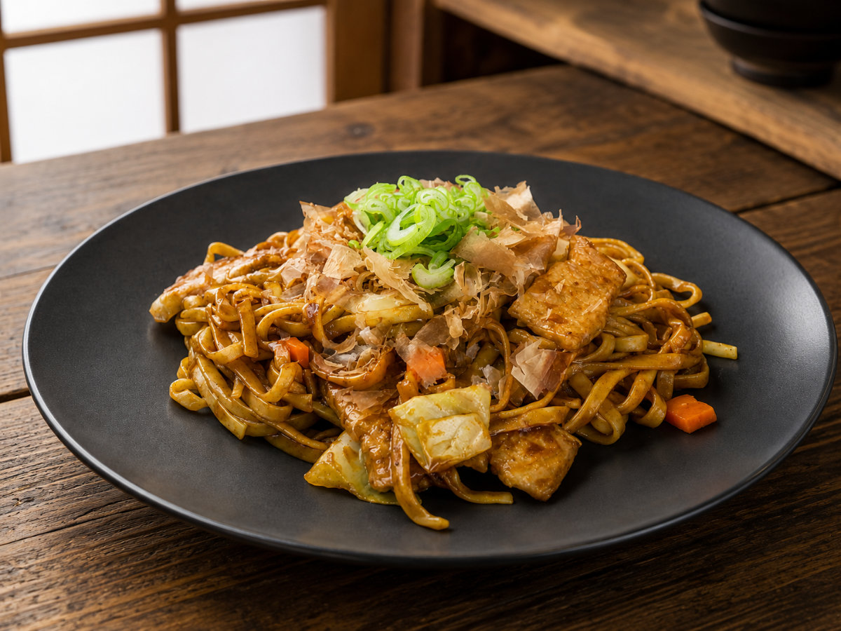 Piatto di yaki udon: noodle saltati in padella con verdure e carne, conditi con salsa yakisoba.