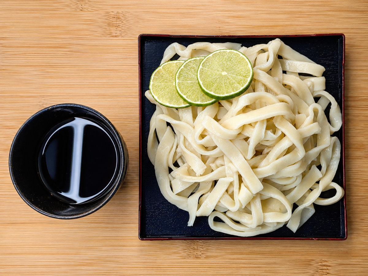 Udon freddi serviti accanto a una piccola ciotola di mentsuyu, la salsa concentrata in cui intingere ogni boccone.