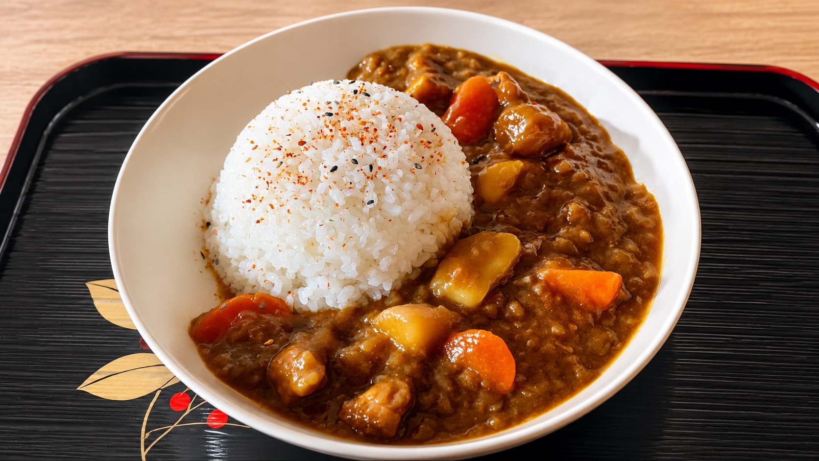 Kare raisu: stufato di curry giapponese denso e ambrato, servito accanto a una porzione di riso bianco.